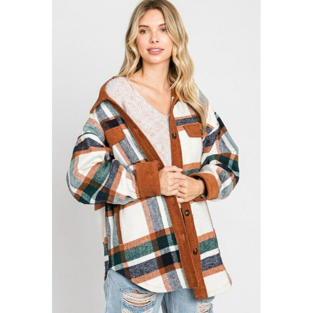 GeeGee Clothing Plaid Button Up Shirt Jacket Shacket Camel Combo S-L SJ1798 - Picture 3 of 5